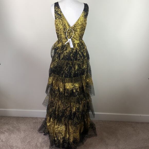 Marchesa Notte Gold Sleeveless V-Neck Tulle Dress Black Glitter Size 4 - Picture 5 of 6